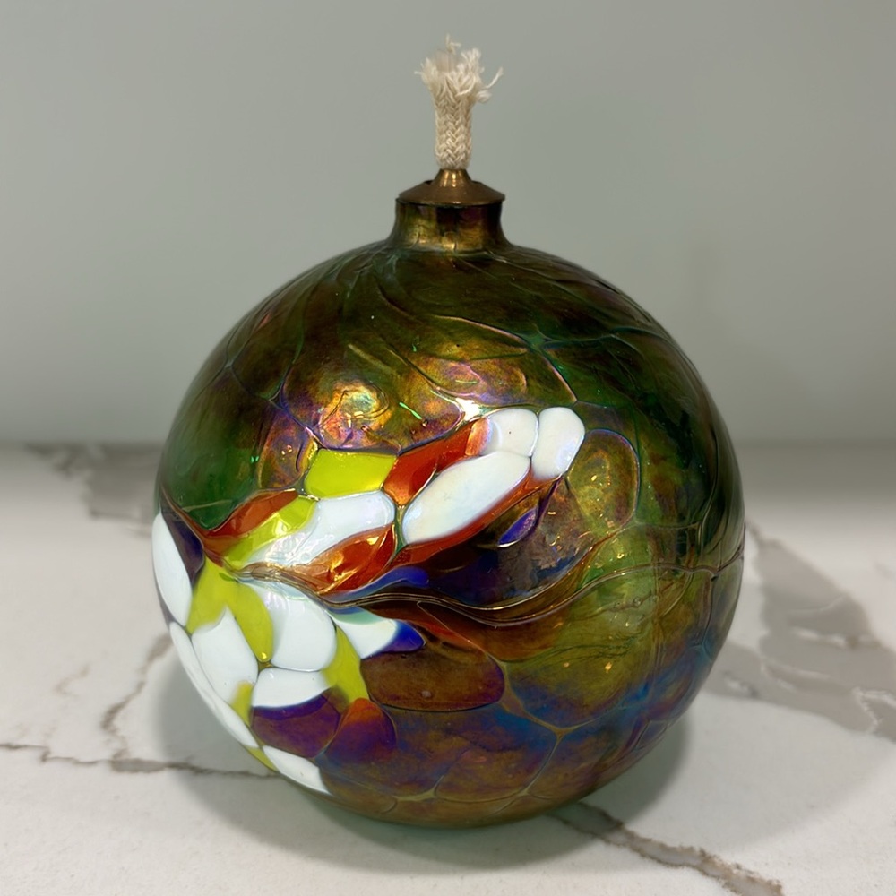 Handblown Iridescent Mosaic Art Glass Oil Lamp With Brass Top - Picture 5 of 14